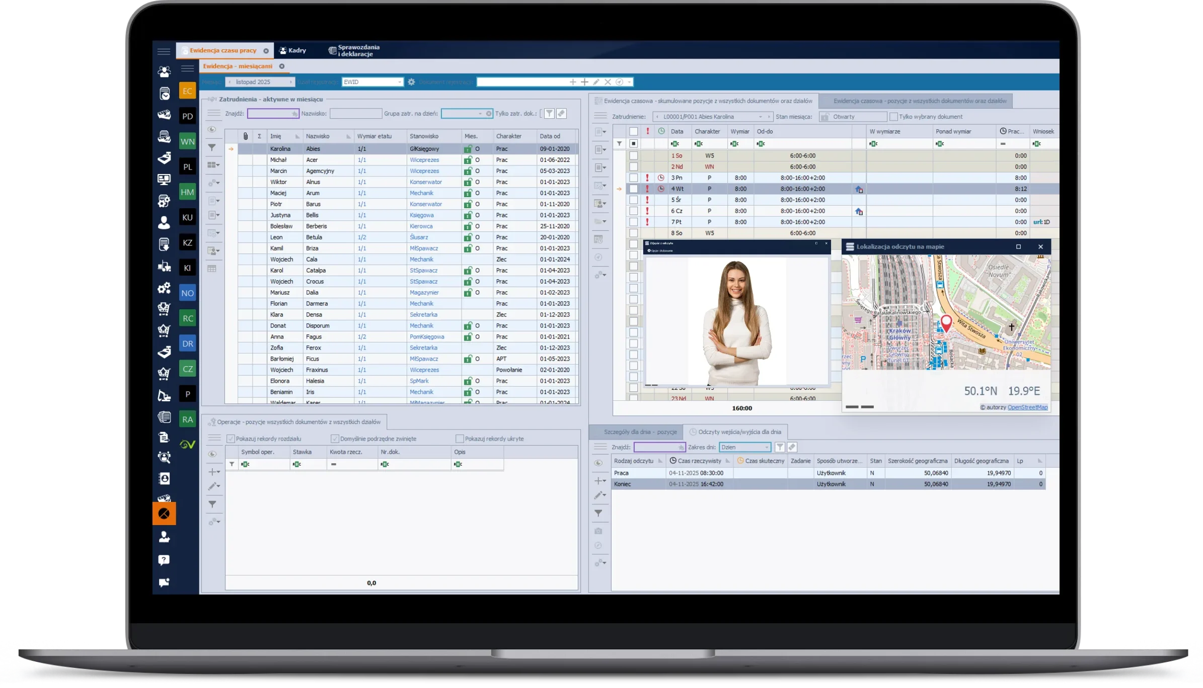Zrzut ekranu systemu kadrowo-płacowego SyKOF HR prezentujący ewidencję czasu pracy, listę pracowników, szczegóły wejść/wyjść oraz podgląd zdjęcia pracownika i mapę z geolokalizacją odczytu RCP.