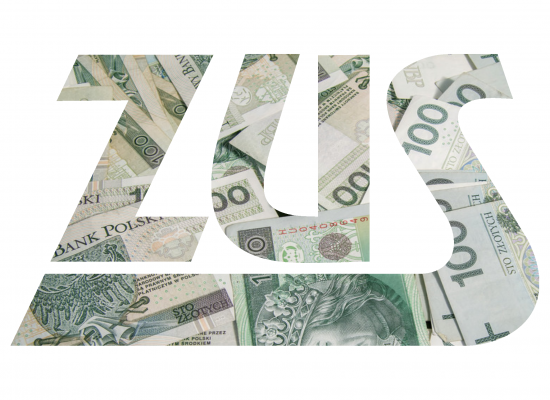Logo ZUS wypełnione banknotami o nominale 100 zł