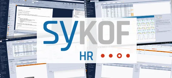 Logo systemu SyKOF HR na tle czterech zrzutów ekranu z systemu