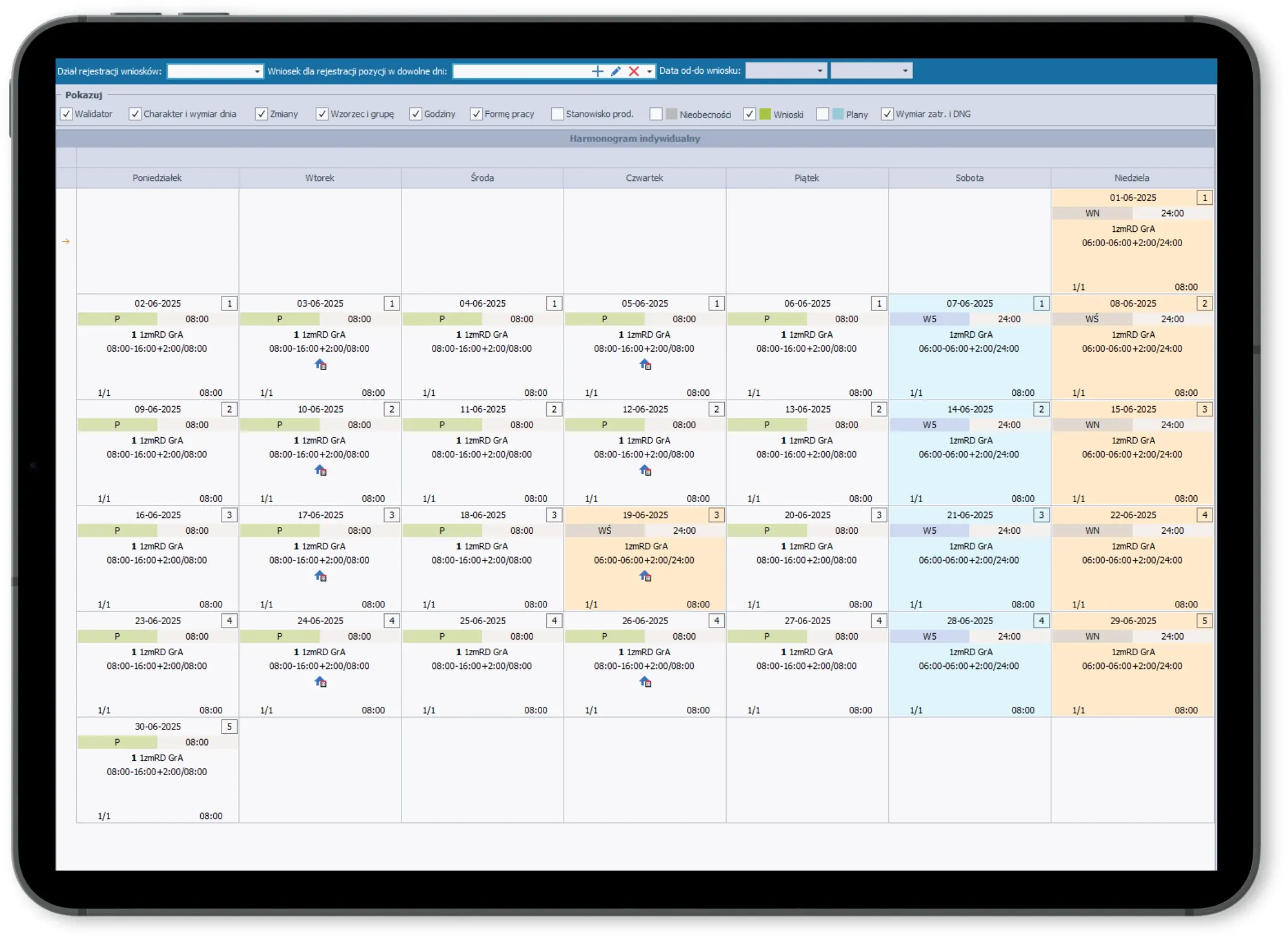 Zrzut ekranu z systemu kadrowo-płacowego SyKOF HR na tablecie, przedstawiający miesięczny grafik pracy pracownika.