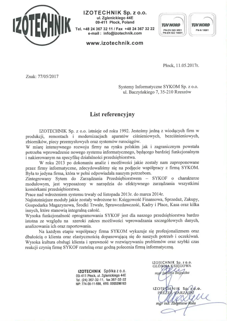 Skan oryginalnej referencji papierowej od firmy Izotechnik Sp. z o. o. dla systemu SyKOF HR, ERP z autentycznymi podpisami, pieczątkami i nagłówkiem firmowym.