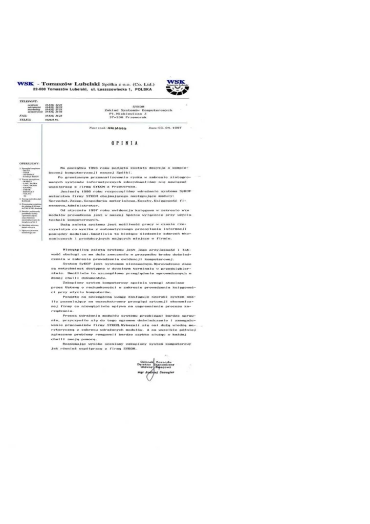Skan oryginalnej referencji papierowej od firmy WSK-Tomaszów Lubelski Sp. z o.o. dla systemu SyKOF HR, ERP z autentycznymi podpisami, pieczątkami i nagłówkiem firmowym.