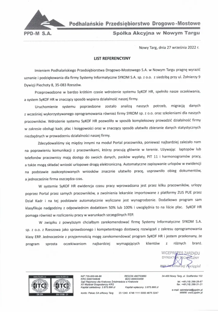 Skan oryginalnej referencji papierowej od firmy Podhalańskie Przedsiębiorstwo Drogowo - Mostowe S.A. dla systemu SyKOF HR, z autentycznymi podpisami, pieczątkami i nagłówkiem firmowym.