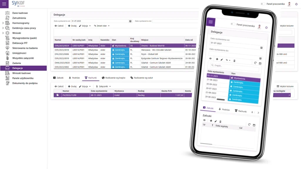 Portal Pracownika SyKOF HR – widok modułu delegacji w przeglądarce na komputerze oraz w aplikacji mobilnej na telefonie.