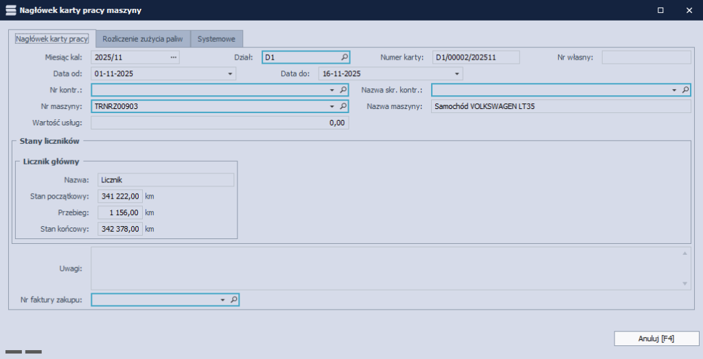 Widok nagłówka karty pracy samochodu w module BST, zawierający dane pojazdu, okres rozliczeniowy oraz stany liczników.