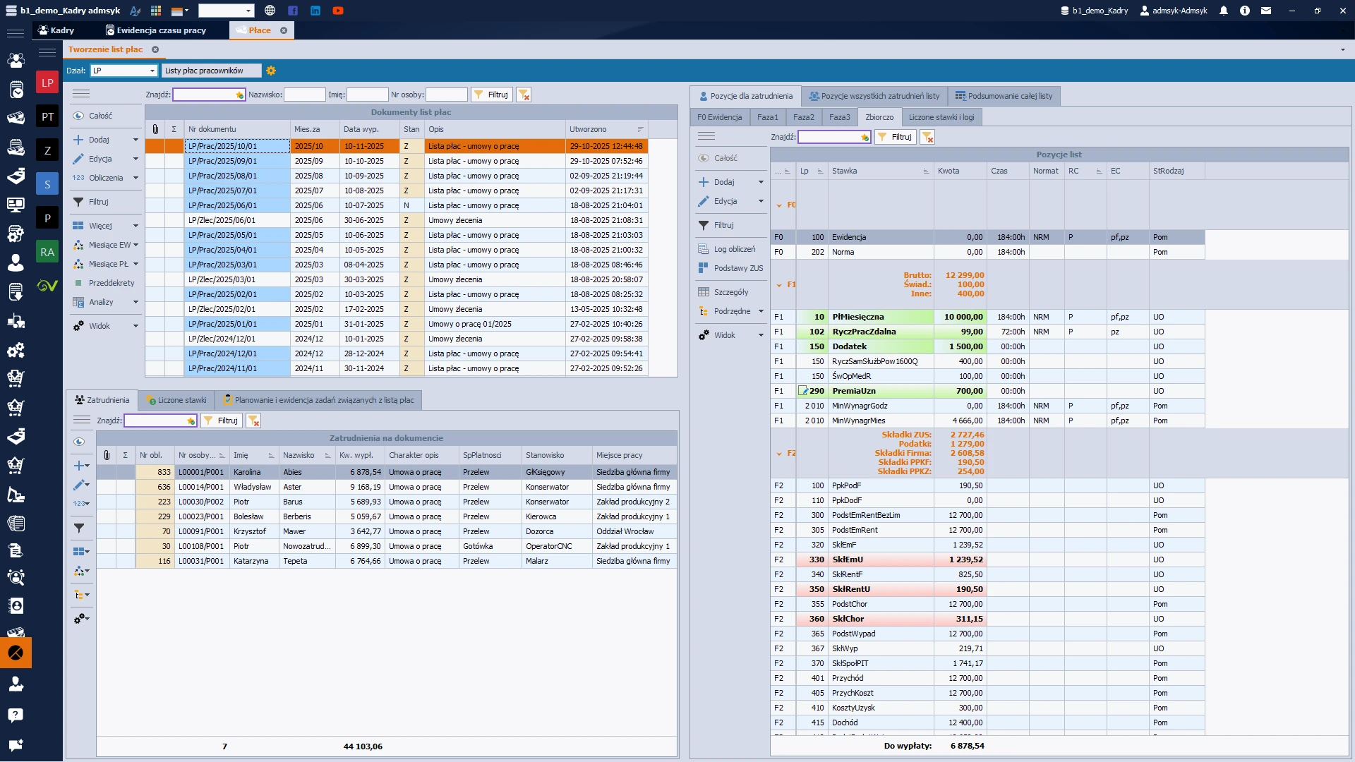 Zrzut ekranu modułu Płace w SyKOF HR przedstawiający listę dokumentów płacowych, szczegółowe pozycje wynagrodzeń oraz dane pracowników ujętych na liście płac.