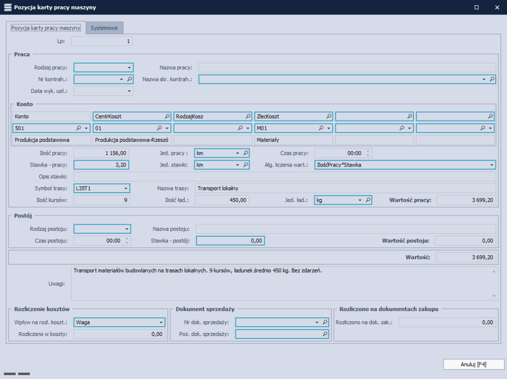 Widok planowania przeglądu w module BST, z informacjami o maszynie, symbolu przeglądu, interwale, progu ostrzeżenia oraz planowanej dacie i stanie licznika.