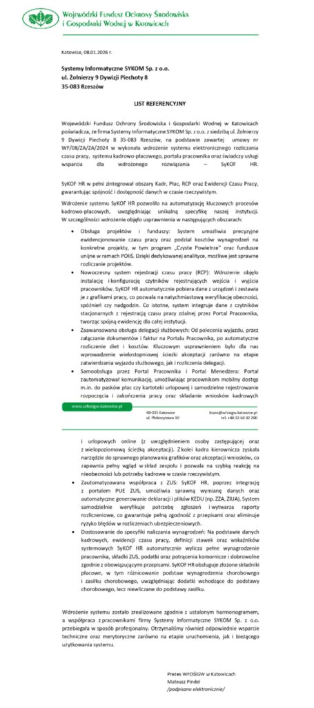 Skan oryginalnej referencji papierowej od firmy Wojewódzki Fundusz Ochrony Środowiska i Gospodarki Wodnej w Katowicach dla systemu SyKOF HR z autentycznymi podpisami i nagłówkiem firmowym.